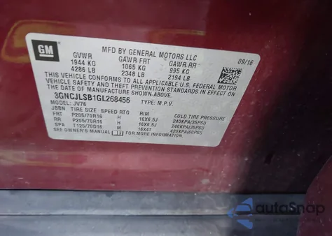 2016 Chevrolet Trax Lt z USA, uszkodzony, nr VIN 3GNCJLSB1GL268456